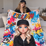 Personalized Graffiti-Style Photo Cartoon Character Soft Throw Blanket with Name Home Decor Birthday Anniversary Gift for Family Friends Teens