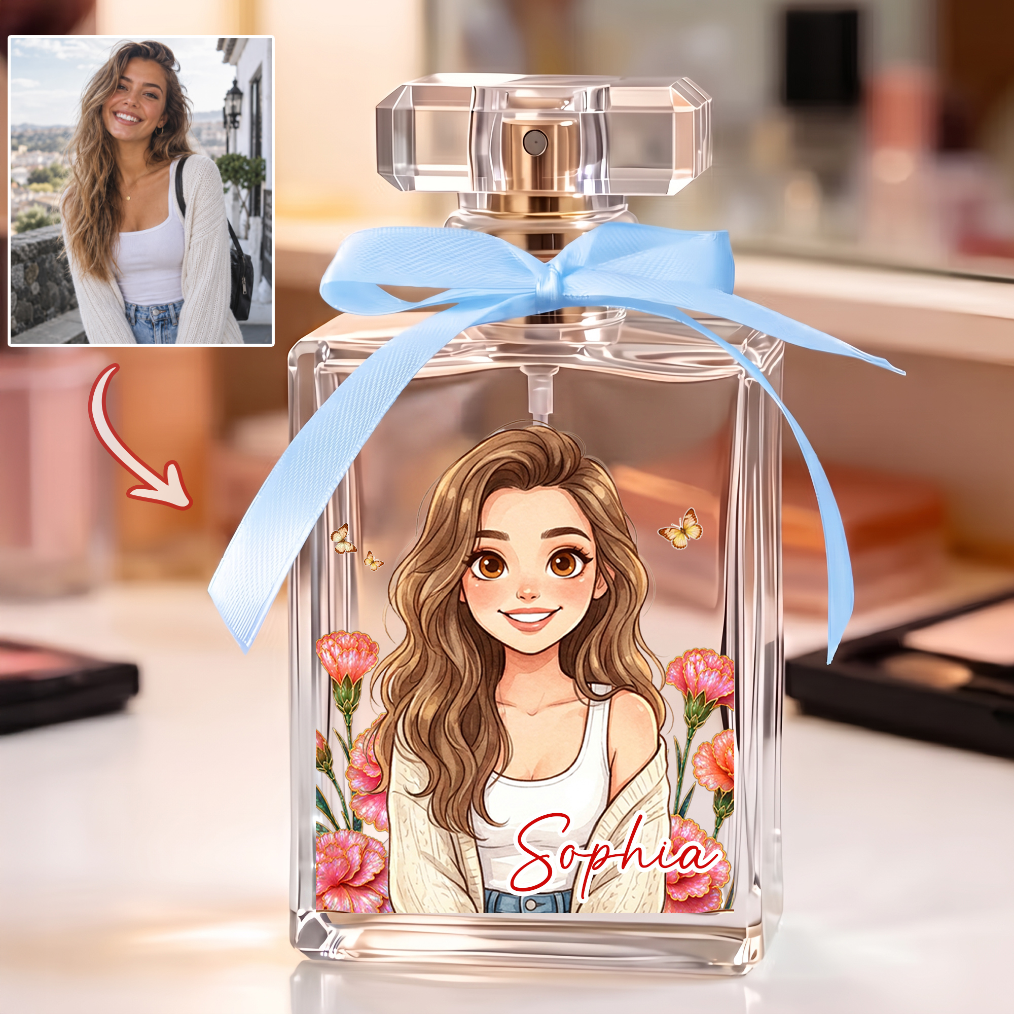 Personalisierter Parfumflakon 50 ml mit 3D-Fotoporträt | mit Namen & Geburtsblumen | Geburtstagsgeschenk für Brautjungfern Frauen & Freundinnen