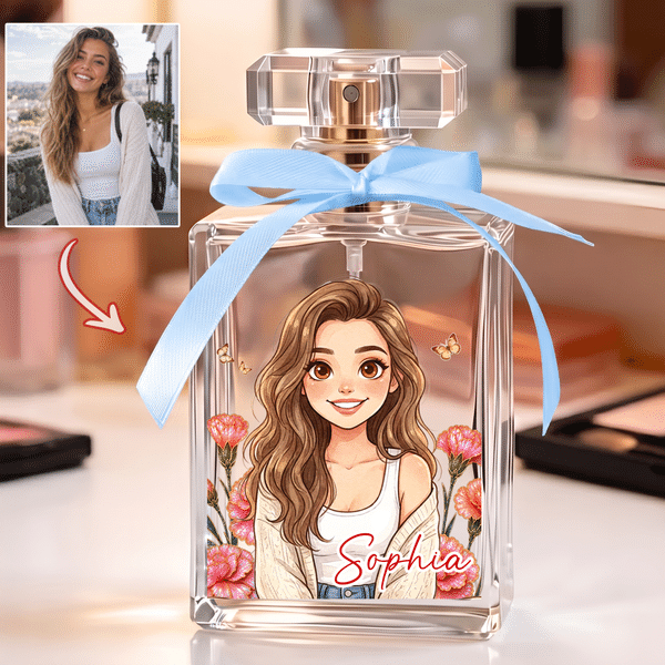 Personalized Birth Flower Watercolor Comic Style Photo Glass Refillable Perfume Bottle with Name Bridesmaid Proposal Birthday Gift for Women