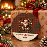 Personalized Christmas Red Green Plaid Zipper Santa Snowman Round Ceramic Ornament with Text and Year Tree Decor Christmas Gift for Family Kids