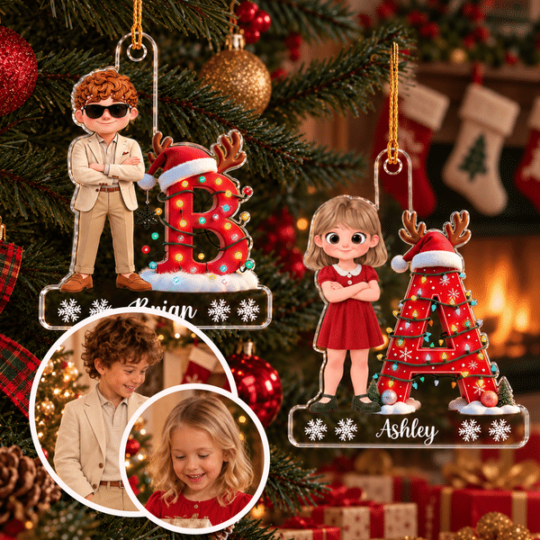 Personalized 3D-Effect Artwork Cartoon Character Photo Initial Acrylic Hanging Ornament with Name Tree Decoration Christmas Gift for Family Kids
