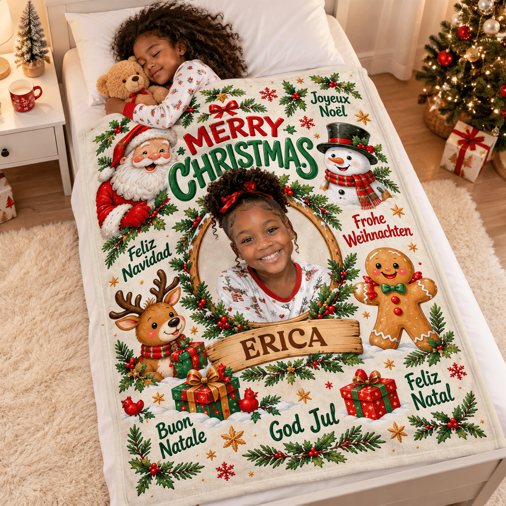 Manta suave personalizada con foto de un niño y Papá Noel, con el mensaje «Feliz Navidad» y su nombre; decoración para el hogar y regalo de Navidad para niños y amigos 3