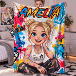 Personalized Graffiti-Style Photo Cartoon Character Soft Throw Blanket with Name Home Decor Birthday Anniversary Gift for Family Friends Teens