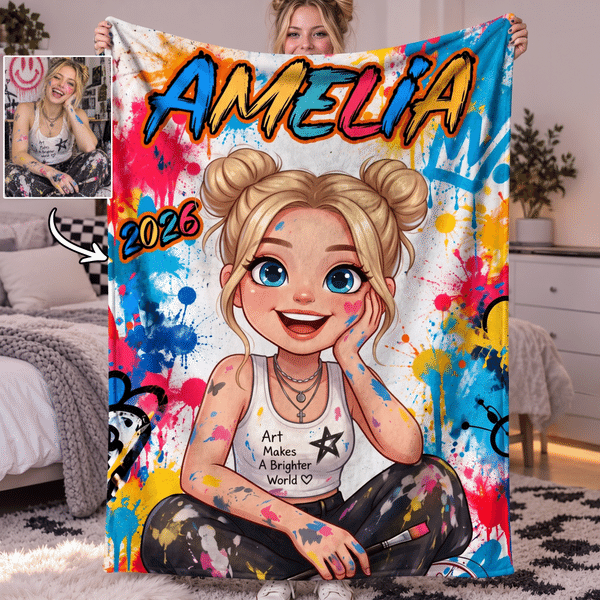 Personalized Graffiti-Style Photo Cartoon Character Soft Throw Blanket with Name Home Decor Birthday Anniversary Gift for Family Friends Teens