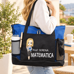 Borsa tote capiente e pratica personalizzata con nome e personaggio animato, con tasca a rete - Regalo speciale di ritorno a scuola per insegnanti