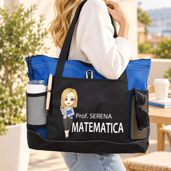 Borsa tote capiente e pratica personalizzata con nome e personaggio animato, con tasca a rete - Regalo speciale di ritorno a scuola per insegnanti