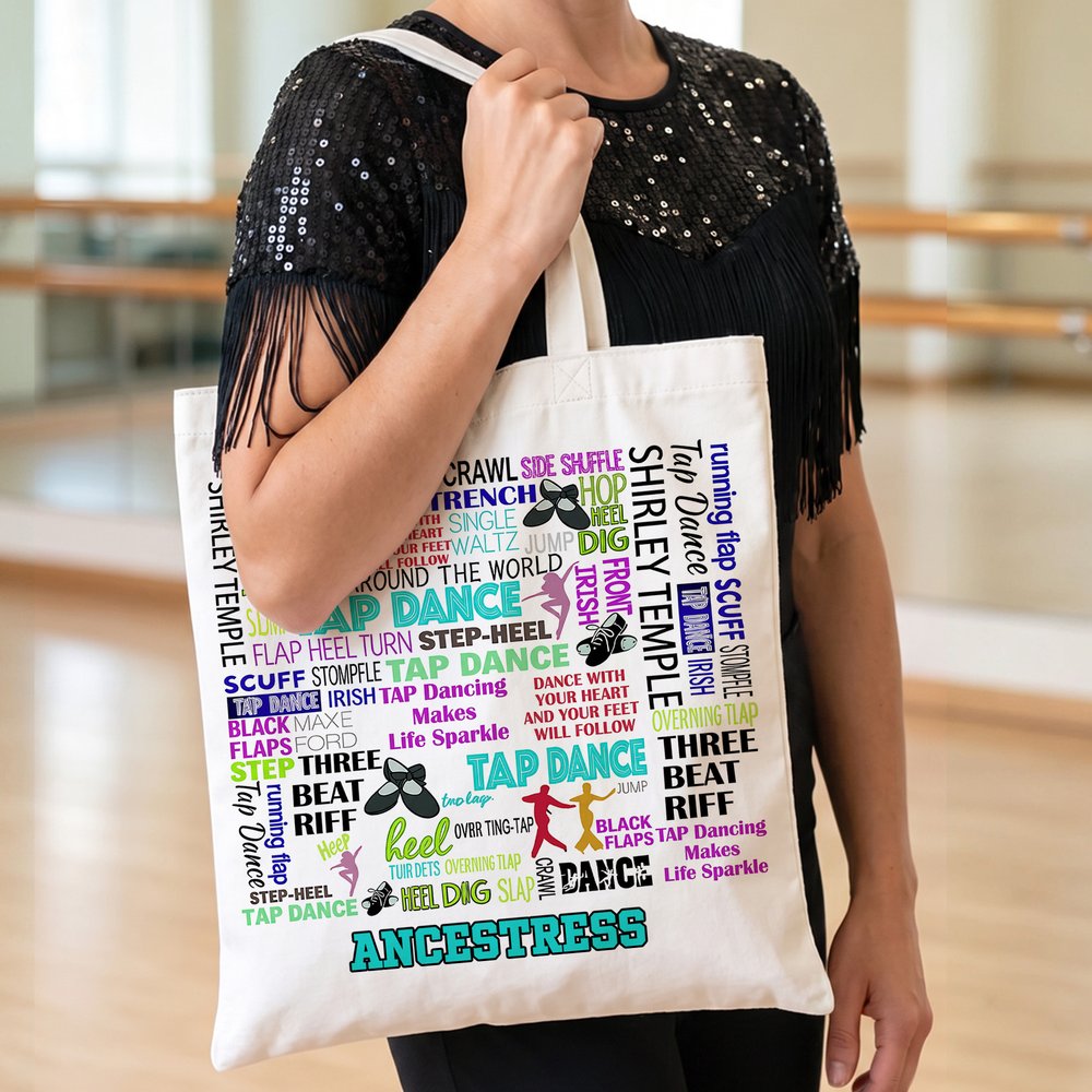 Personalised Colourful Print Tap Dance Word Cloud Large Capacity Canvas Tote Bag with Name Birthday Recital Gift for Tap Dancers Teachers 3