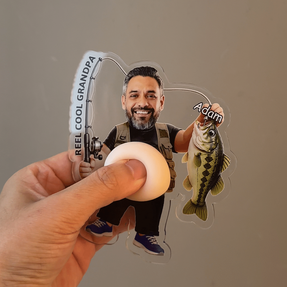 Personlig 3D-effekt-kunstverk: «Fiskende pappa» – myk mage-kjøleskapsmagnet med bilde – stressavlastende akrylmagnet – bursdags- og farsdagsgave til menn 3