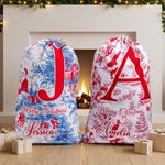 Personalized Vintage Toile De Jouy Santa Claus Initial Canvas Drawstring Gift Bag with Name Christmas Gift for Family Friends