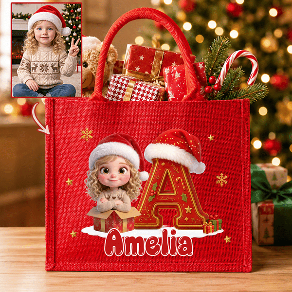 Personalized 3D-Effect Artwork Cartoon Character Photo Red Jute Tote Bag with Name and Initial Christmas Gift for Family Kids