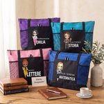 Borsa tote capiente e pratica personalizzata con nome e personaggio animato, con tasca a rete - Regalo speciale di ritorno a scuola per insegnanti