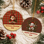 Personalized Christmas Red Green Plaid Zipper Santa Snowman Round Ceramic Ornament with Text and Year Tree Decor Christmas Gift for Family Kids