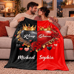 Personalised Love Theme King Queen Crown Rose Soft Throw Blanket with Name Home Decor Christmas Party Holiday Gift for Couple Husband Wife