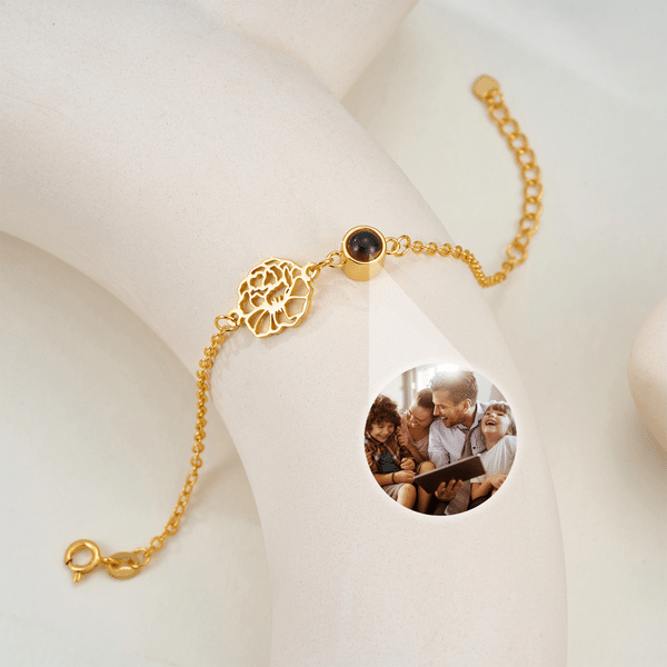 Personalised Birth Flower Photo Projection Sterling Silver Bracelet Birthday Gift for Best Friend Girlfriend