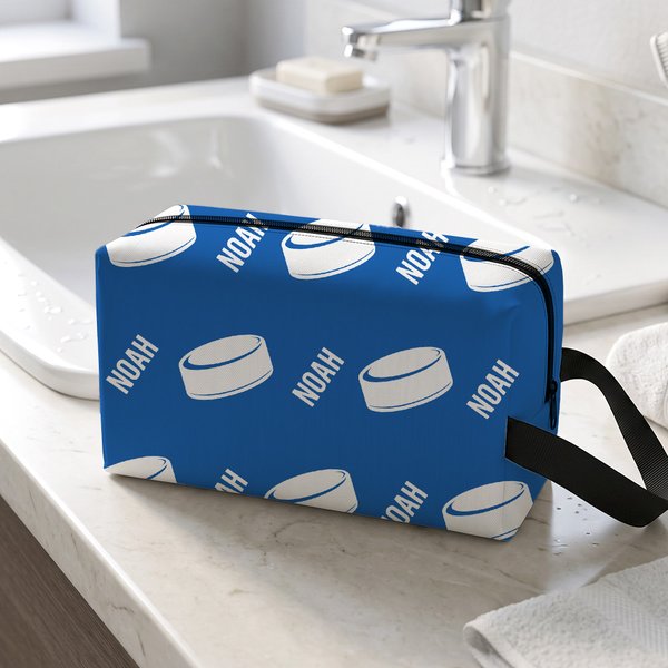 Personalized Hockey Football Design Name Portable Toiletry Bag with Zipper and Handle Travel Accessory Game Day Birthday Gift for Ball Sports Lover