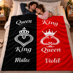 Personalised Love Theme King Queen Crown Rose Soft Throw Blanket with Name Home Decor Christmas Party Holiday Gift for Couple Husband Wife