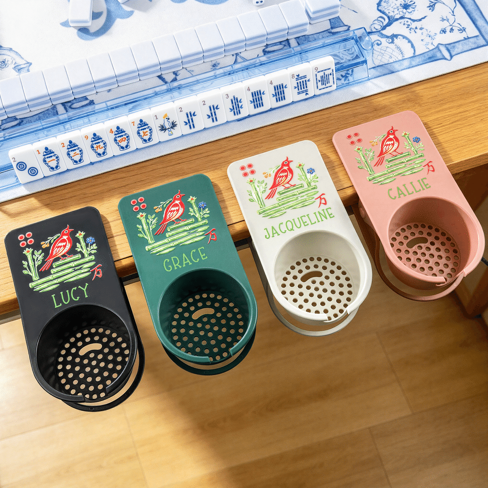 Portavasos de mesa con diseño personalizado de cartas de mahjong con pájaros y nombre. Decoración para el hogar. Regalo ideal para las noches de mahjong, para los amantes y jugadores de este juego. 2