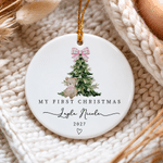 Personalised My First Christmas Pink Blue Plaid Bow Ceramic Ornament with Name and Year Tree Decor Baby First Christmas Gift for Baby Boy Girl