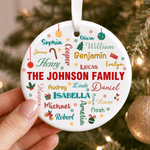 Personalised Family Member Name Word Cloud Round Heart Ceramic Ornament with Family Name Tree Decor Christmas Gift for Family Friends Kids