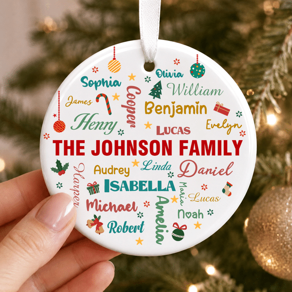 Personalized Family Member Name Word Cloud Round Heart Ceramic Ornament with Family Name Tree Decor Christmas Gift for Family Friends Kids