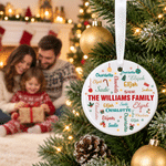 Personalised Family Member Name Word Cloud Round Heart Ceramic Ornament with Family Name Tree Decor Christmas Gift for Family Friends Kids