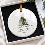Personalised My First Christmas Pink Blue Plaid Bow Ceramic Ornament with Name and Year Tree Decor Baby First Christmas Gift for Baby Boy Girl
