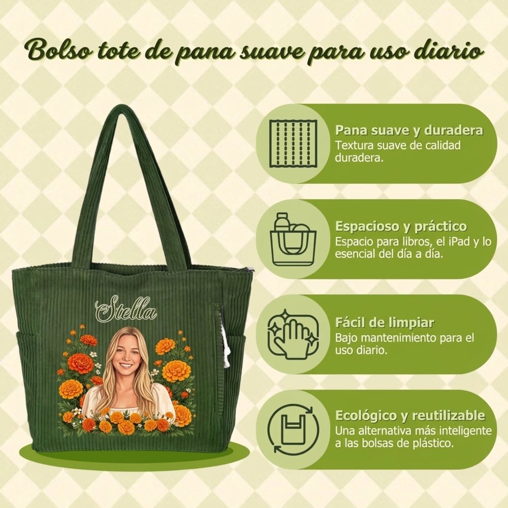 Bolso tote personalizado de pana con flor de nacimiento foto efecto 3D nombre y gran capacidad regalo de aniversario y cumpleaños para mujeres 13