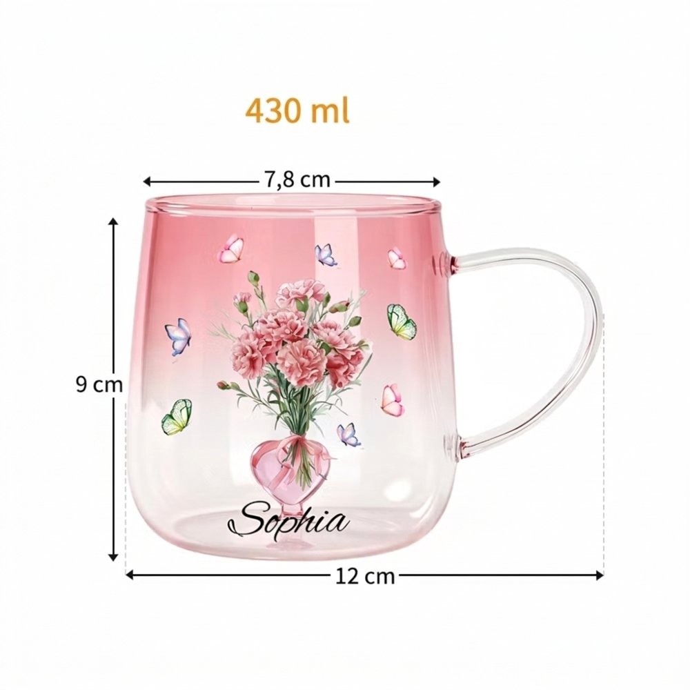 Taza personalizada de vidrio con mariposa flor de nacimiento corazón 3D y nombre regalo de cumpleaños y Día de la Madre para mujeres 11