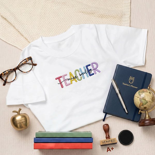 Personalized Multicolor Embroidery Teacher Sweatshirt T-shirt Hoodie with Title and Surname Graduation Back To School Appreciation Gift for Teacher