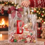 Personalised Christmas Teddy Bear Initial Name Trasparent Gift Bag with Ribbon Christmas Birthday Gift for Kids