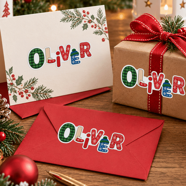 Personalised Christmas Theme Knitting Yarn Style Waterproof Stickers with Name Set of 2 Gift Decoration Christmas Gift for Friends Family