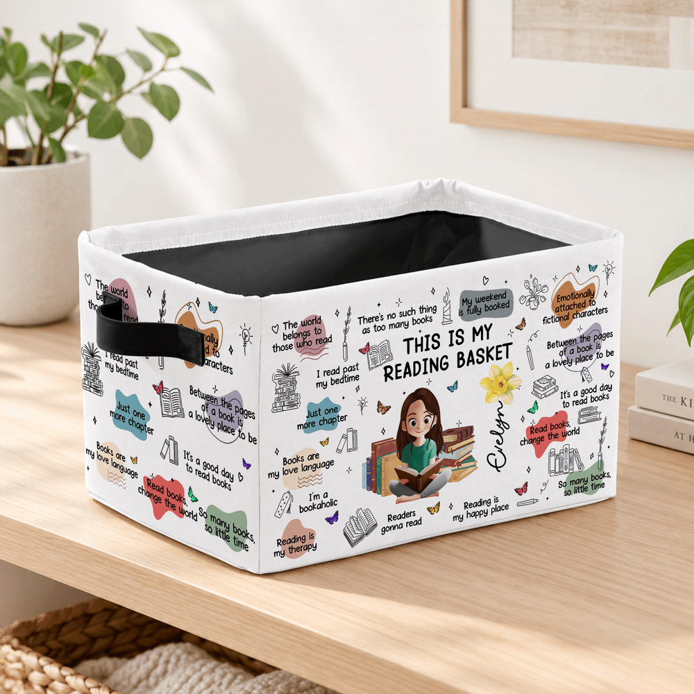 Cesta de almacenamiento personalizada «This Is My Reading Basket» con la flor del mes de nacimiento y un personaje de dibujos animados, con nombre y asa. Regalo de cumpleaños o Navidad para los amante 3