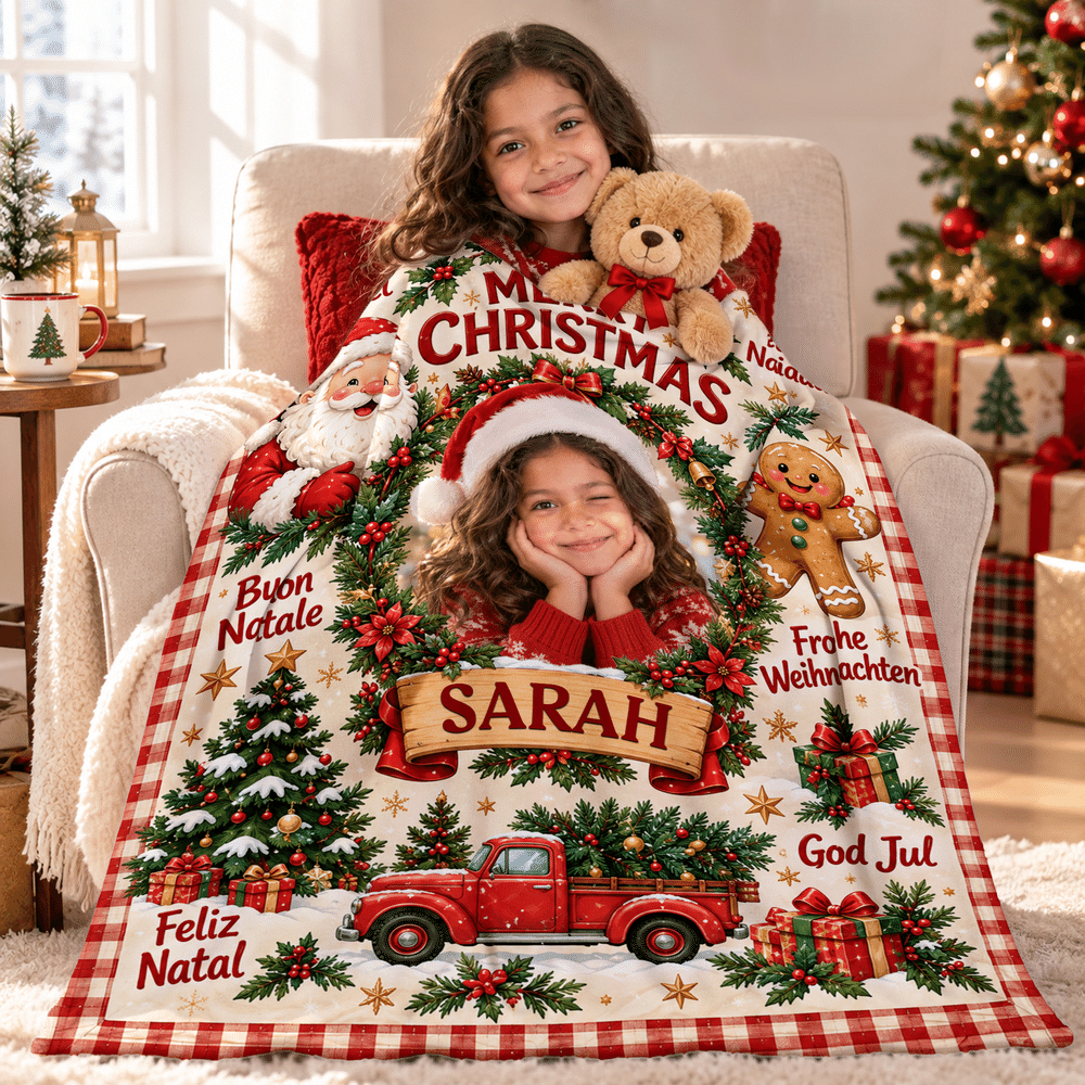 Manta suave personalizada con foto de un niño y Papá Noel, con el mensaje «Feliz Navidad» y su nombre; decoración para el hogar y regalo de Navidad para niños y amigos 5