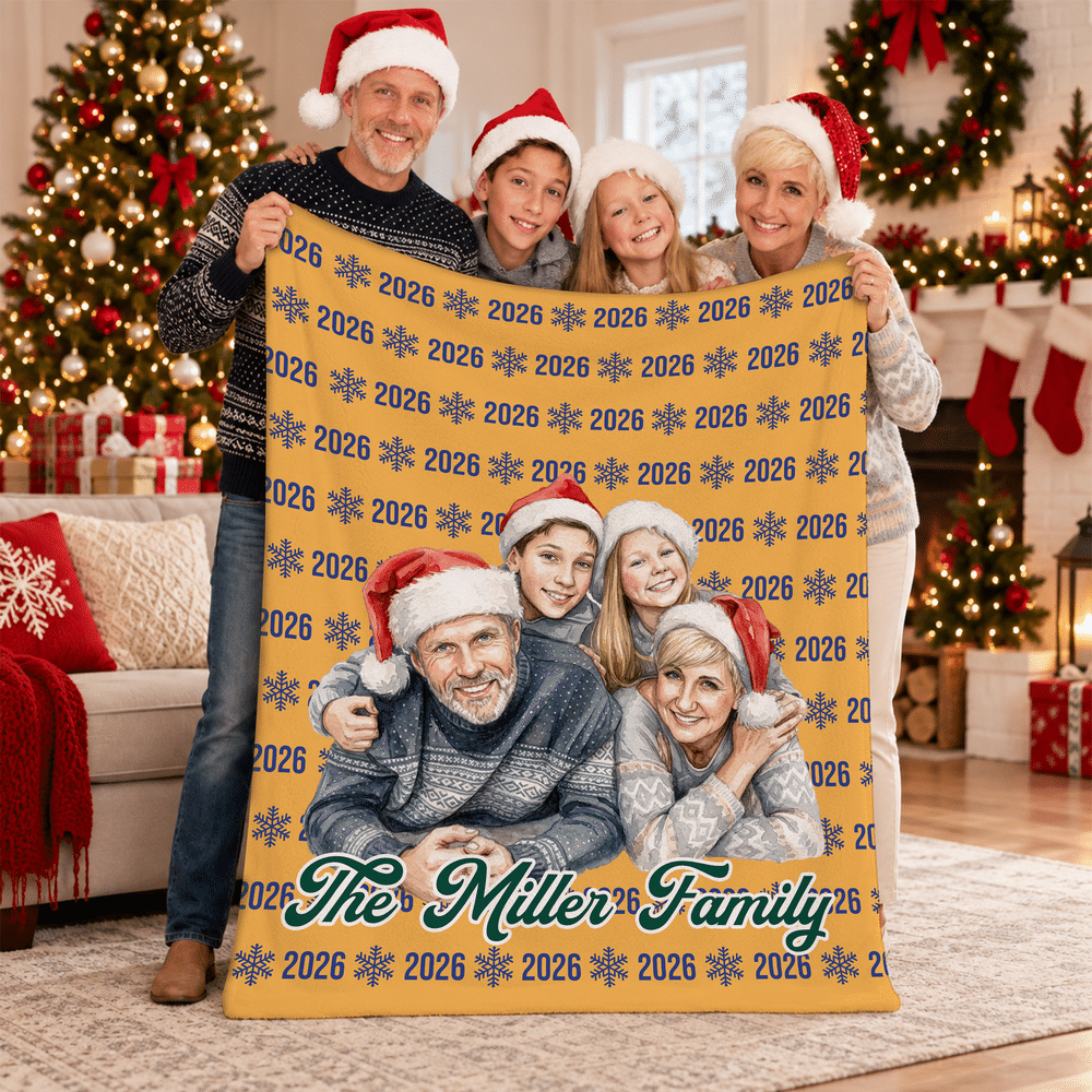 Manta suave personalizada con foto de dibujos animados navideños, texto y año; decoración para el hogar y regalo de Navidad para la familia o la pareja 6