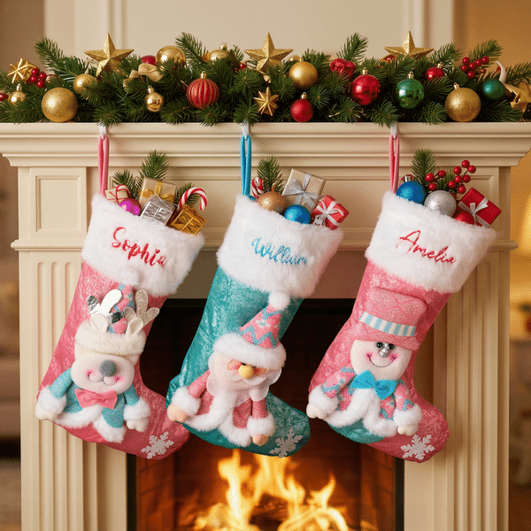 Personalized Cute Snowman Santa Claus Reindeer Embroidered Christmas Stocking with Name Home Decor Christmas Gift for Kids Family