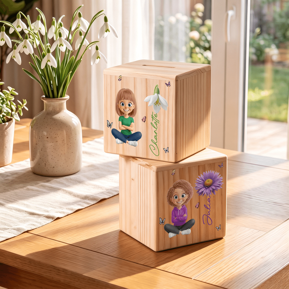 Personlig, söt sparbössa i trä med 3D-effekt, tecknad flicka och födelsedagsblomma – med namn, perfekt som födelsedags- eller barnens dag-present till flickor 4