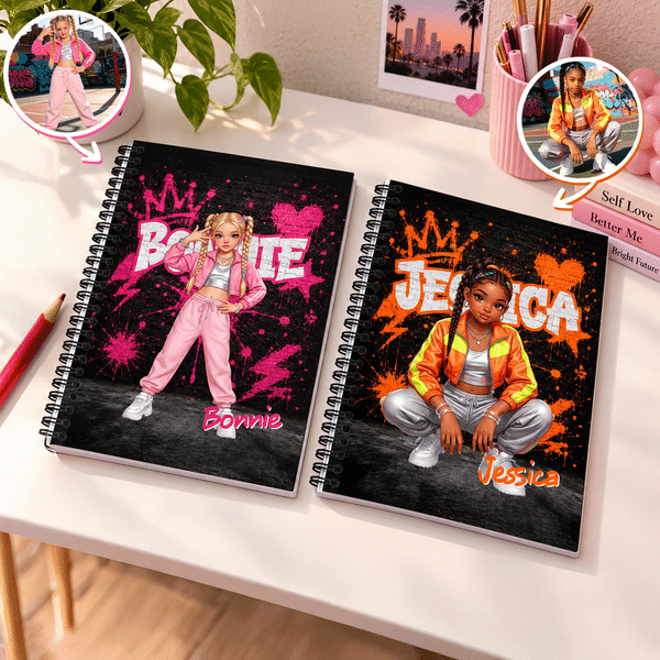 Personalised Vibrant Graffiti Crown Heart Cartoon Character Photo A5 Spiral Notebook with Name Birthday Gift for Teenagers Graffiti Lovers