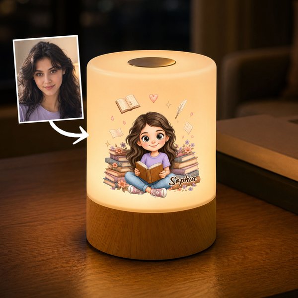 Personalised Retro Q-Version Character Dimmable Touch Control Night Light with Name and Photo Bedroom Decor Birthday Gift for Book Lovers