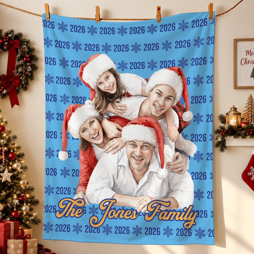 Manta suave personalizada con foto de dibujos animados navideños, texto y año; decoración para el hogar y regalo de Navidad para la familia o la pareja 7