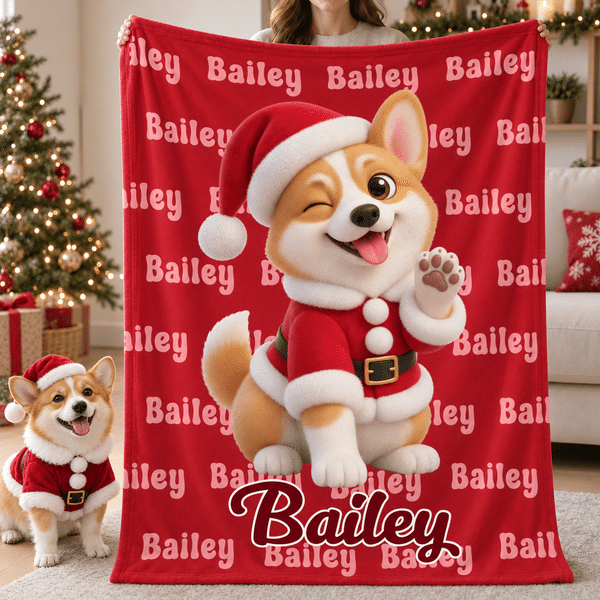 Personalised Christmas Theme 3D-Effect Artwork Cartoon Pet Photo Soft Throw Blanket with Name Home Decor  Christmas Gift for Family Pet Owner