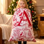 Personalized Vintage Toile De Jouy Santa Claus Initial Canvas Drawstring Gift Bag with Name Christmas Gift for Family Friends