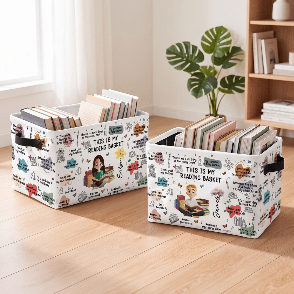 Cesta de almacenamiento personalizada «This Is My Reading Basket» con la flor del mes de nacimiento y un personaje de dibujos animados, con nombre y asa. Regalo de cumpleaños o Navidad para los amante 2