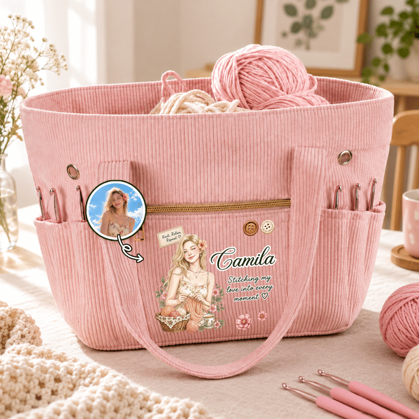 Personalised Knit Relax Repeat Watercolor Knitting Character Photo Crochet Corduroy Tote Bag with Name Daily Use Birthday Gift for Crochet Enthusiasts