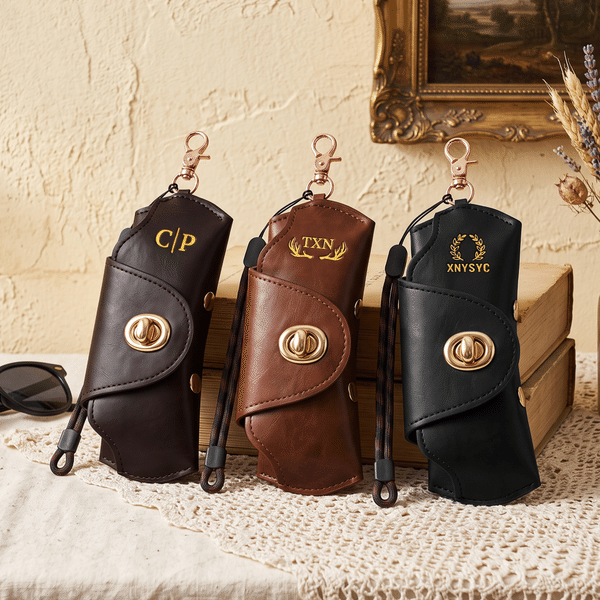 Personalised Engraved Initial PU Leather Glasses Case with Name Daily Use Storage Bag Travel Accessories Birthday Gift for Women Men Students