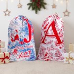 Personalized Vintage Toile De Jouy Santa Claus Initial Canvas Drawstring Gift Bag with Name Christmas Gift for Family Friends