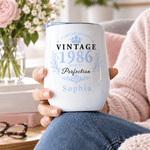 Personalised Vintage Crown Pattern 12 oz Wine Tumbler with Year Age and Name Birthday Party Anniversary Retirement Gift for Women Friends