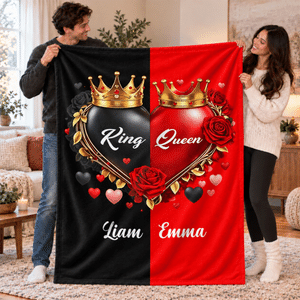Personalised Love Theme King Queen Crown Rose Soft Throw Blanket with Name Home Decor Christmas Party Holiday Gift for Couple Husband Wife