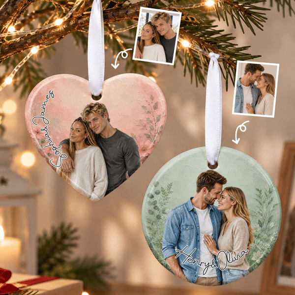 Personalized Oil Painting Style Photo Ceramic Ornament with Name Home Decor Anniversary Gift for Couple