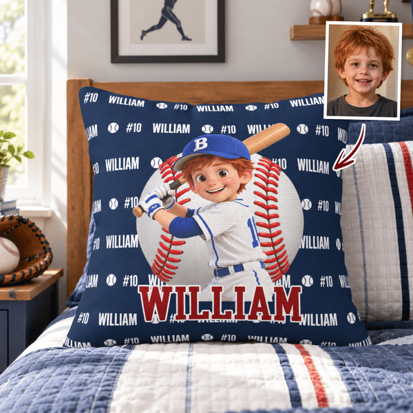 Personalized 3D-Effect Artwork Baseball Soccer Ball Sports Throw Pillow Cover with Name and Number Home Decor Team Birthday Gift for Sports Lovers