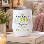 Personalised Vintage Crown Pattern 12 oz Wine Tumbler with Year Age and Name Birthday Party Anniversary Retirement Gift for Women Friends